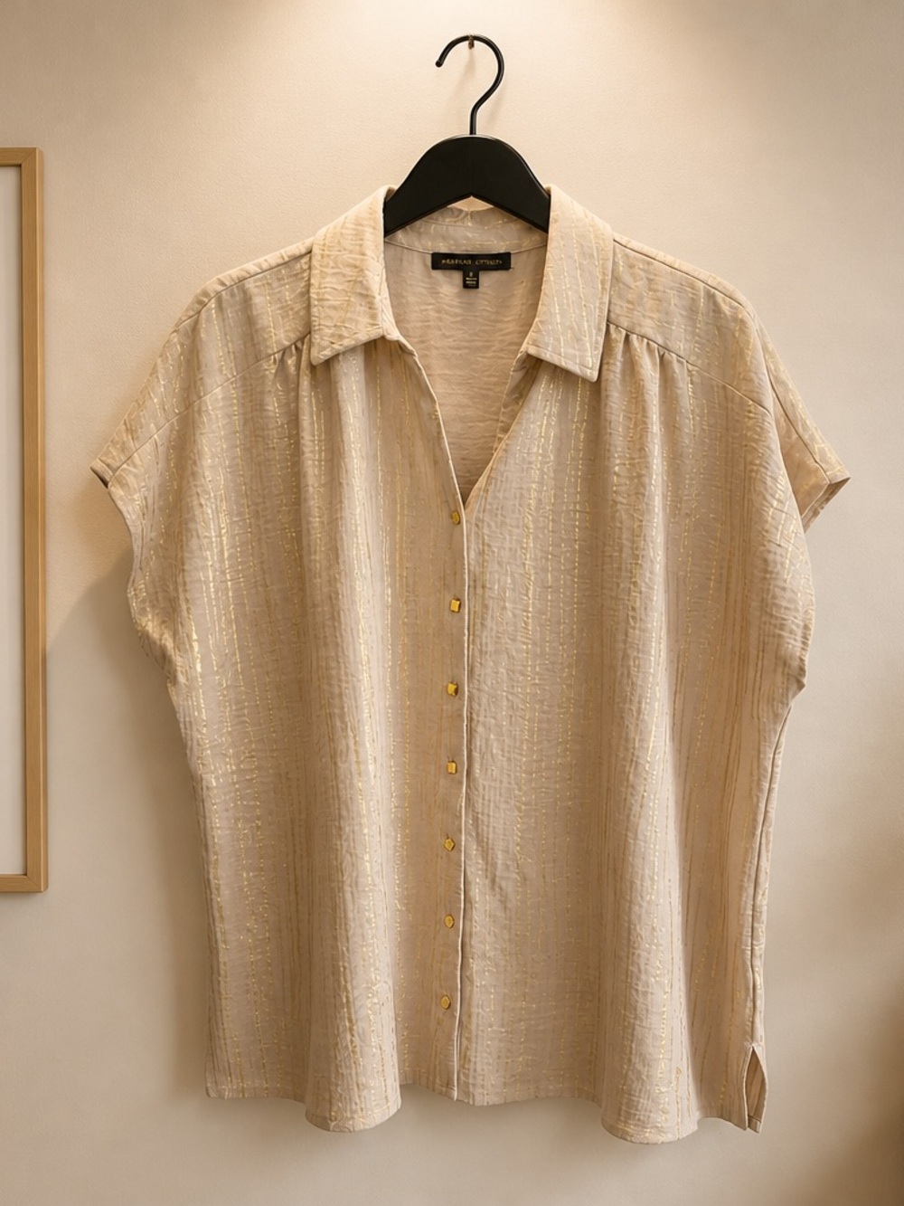 Adrienne Vittadini GOLD and Cream Button-Front Textured Short Sleeve Blouse